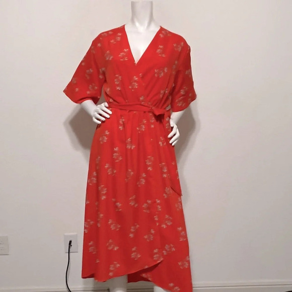 Joie Tomato Red Daymon B Floral Print Crepe De Chine Midi Wrap Dress Size S - Picture 2 of 10